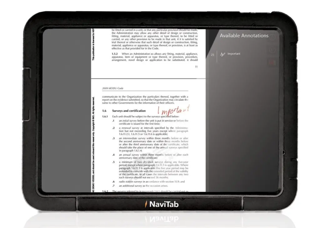 The NaviTab allows users to search and annotate marine publications stored in digital, instantly updatable format