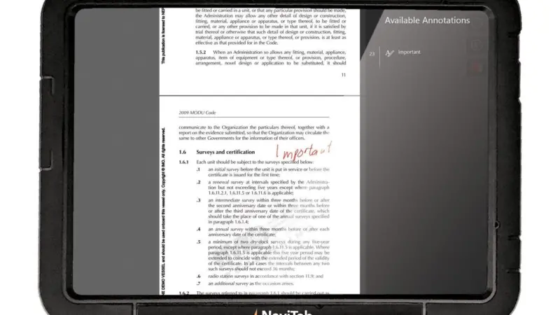 The NaviTab allows users to search and annotate marine publications stored in digital, instantly updatable format