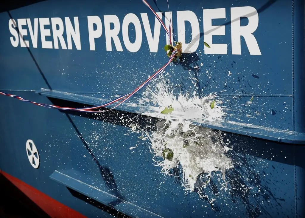 The twin axe catamaran windfarm vessel has been named 'Severn Provider'