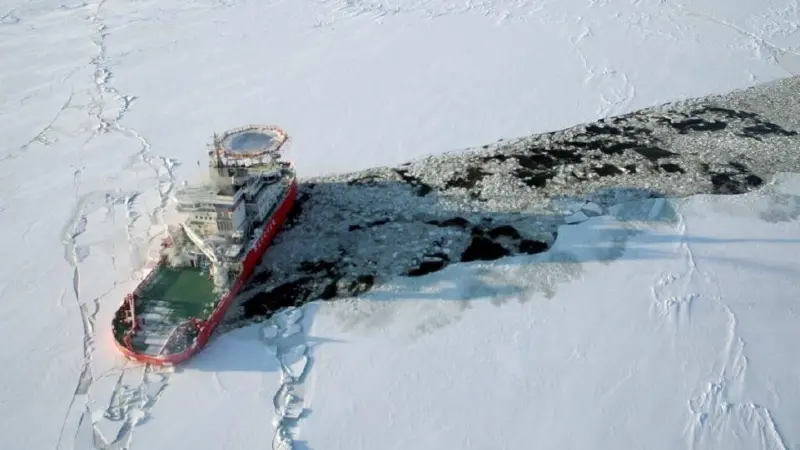 Baltika's unique asymmetric hull allows it to break ice sideways to create wider channels
