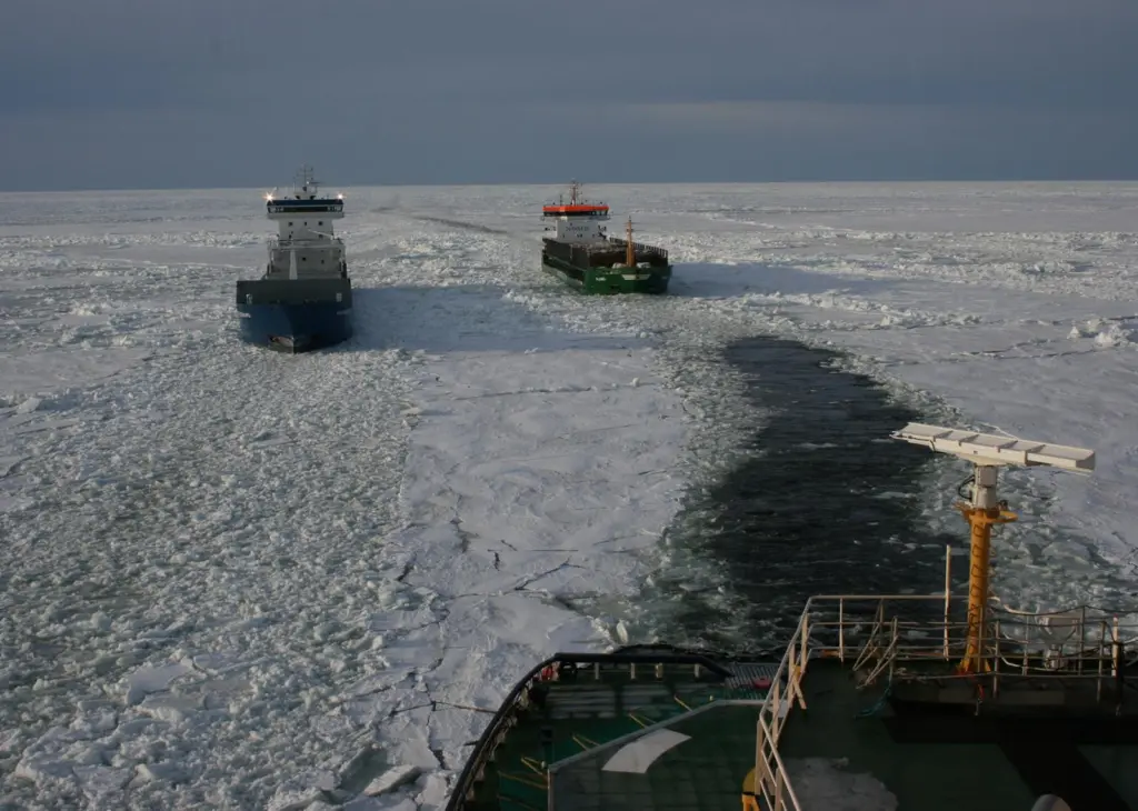 Swedish Maritime Administration icebreaker 'Frej' clears the path for two vessels