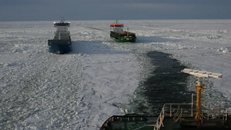 Swedish Maritime Administration icebreaker 'Frej' clears the path for two vessels