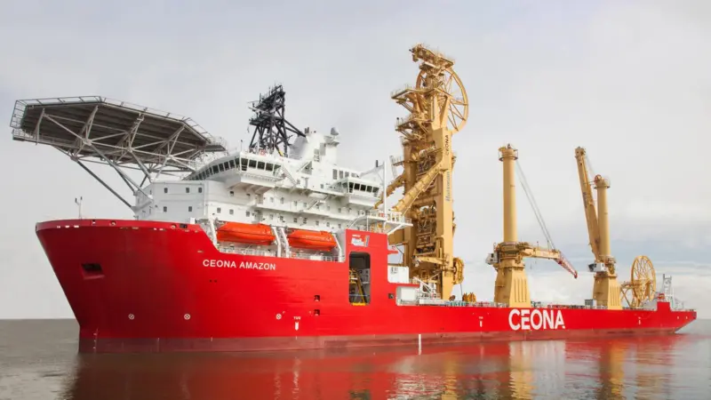 Pipelaying tower and two 400te offshore cranes rise above the deck of the deepwater field development vessel Ceona Amazon. Courtesy of Ceona (copyright Kloet)