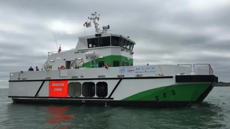Actively controlled air cushion technology reduces vertical motion on the Wave Craft, allowing a smooth ride and improved windfarm access