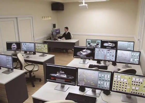 The simulator complex consists of a classroom for training in diesel propulsion, steam and ASD tug plants with eight workstations