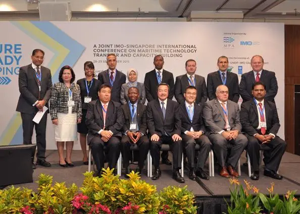 Representatives from IMO, the lead pilot countries and the Maritime and Port Authority of Singapore at the GloMEEP launch