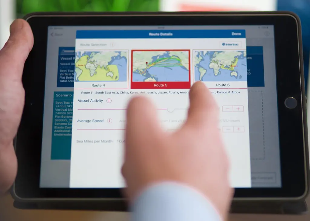 The iPad-delivered system enables operators to enter their vessel, operation and cost parameters in order to see the future fuel, cost and carbon implications of their coating choices