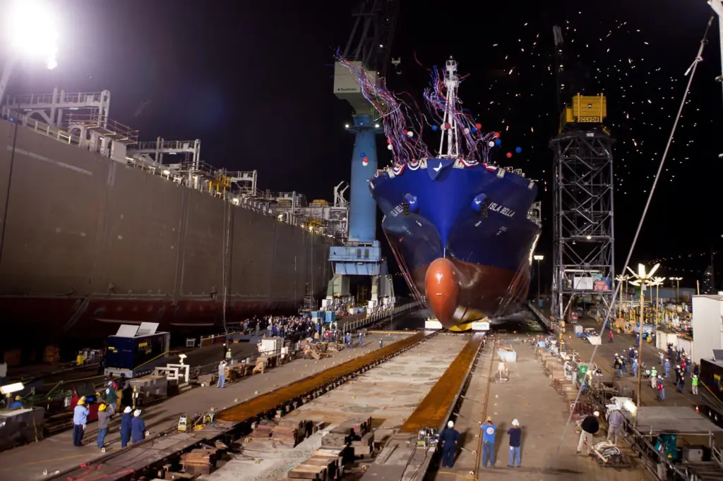 'Isla Bella', Tote's first Marlin class LNG-fuelled containership, on her launch at General Dynamis NASSCO
