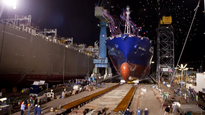'Isla Bella', Tote's first Marlin class LNG-fuelled containership, on her launch at General Dynamis NASSCO