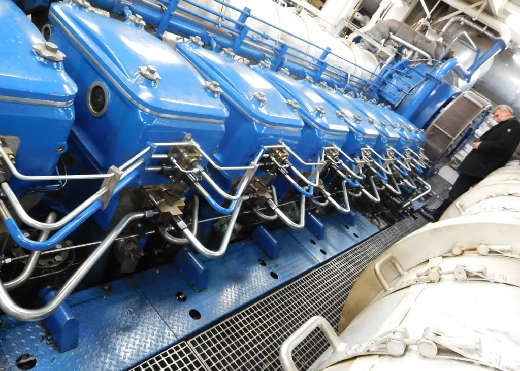 The complex piping governing fuel supply at the cylinder heads of the methanol-MGO Wärtsilä engine on board 'Stena Germanica'