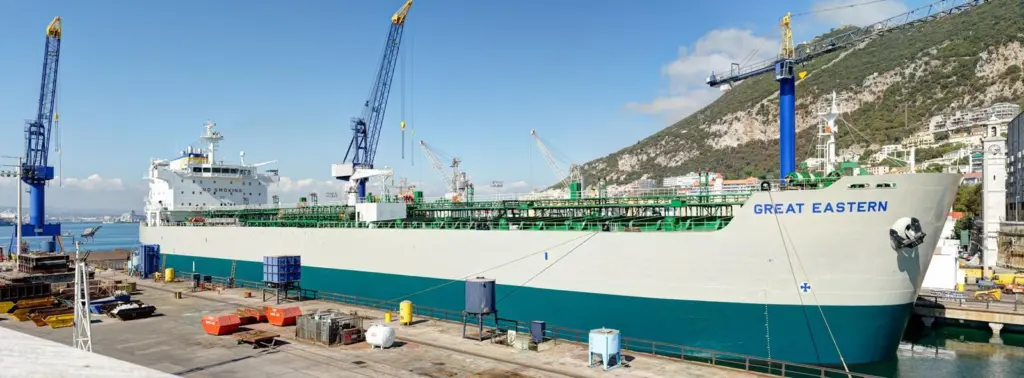 Great Eastern in Dock 1 at Gibdock, showing part of the Pad 1 fabrication and assembly area