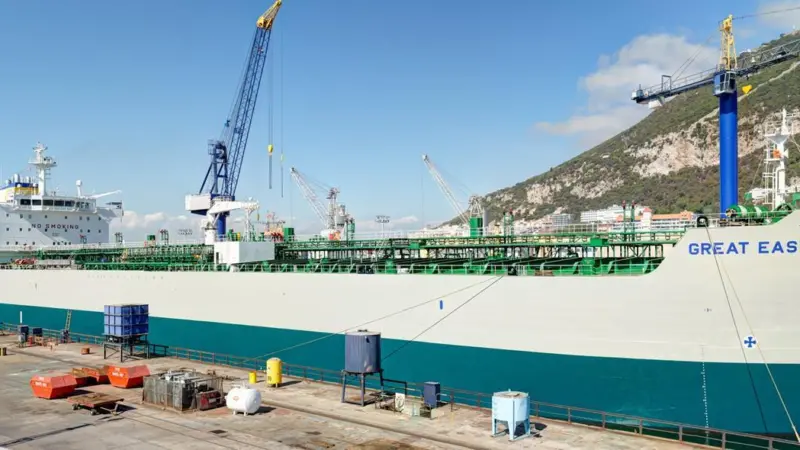Great Eastern in Dock 1 at Gibdock, showing part of the Pad 1 fabrication and assembly area