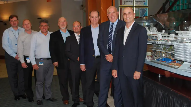 Right to left: Gregory M. Purdy (SVP, Marine Operations, Royal Caribbean International), Wayne Jones (SVP MAN PrimeServ), Carlos Pedercini (VP, Marine Operations & Global Nautical Services, Royal Caribbean International), Michael Kontny (Directo...