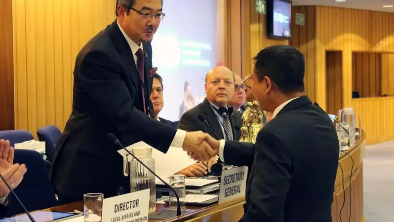 Indonesian minister of transportation Ignasius Jonan, deposited the instrument of acceptance with outgoing IMO secretary general Koji Sekimizu during the general assembly