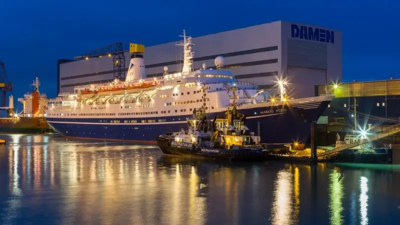 Cruise ship Marco Polo leaves Damen Shiprepair Vlissingen