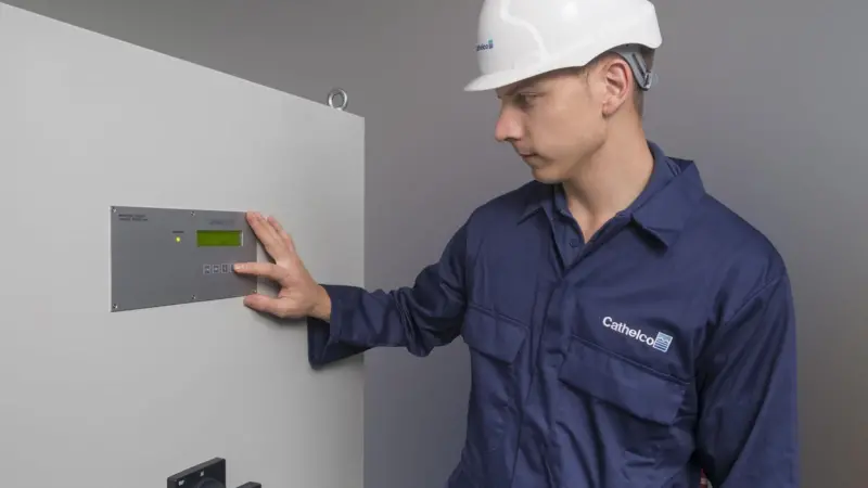 Cathelco engineer checking an ICCP control panel