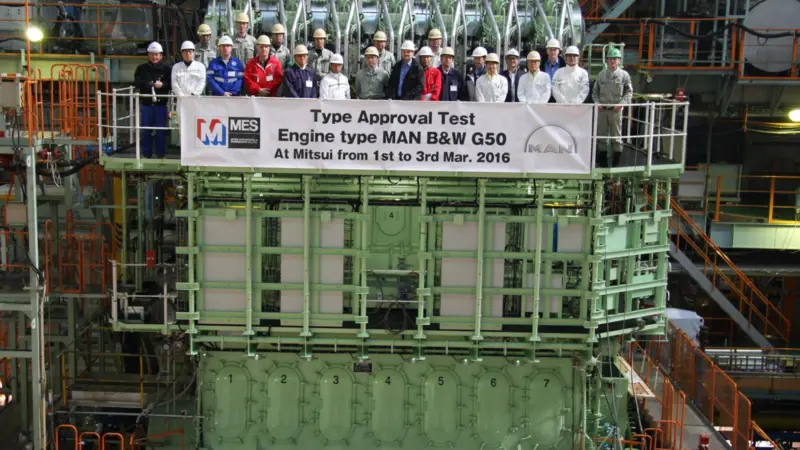 The first MAN B&W ME-GIE passed type approval testing at Mitsui Engineering in Japan under observation by class society DNV GL