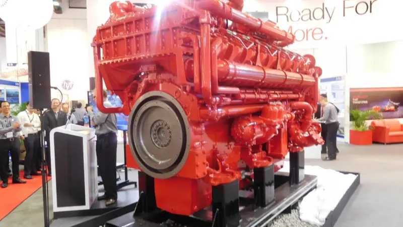 The (non-marinized) QSK95 'Hedgehog' engine on display at Asia Pacific Maritime in Singapore, 16-18 March