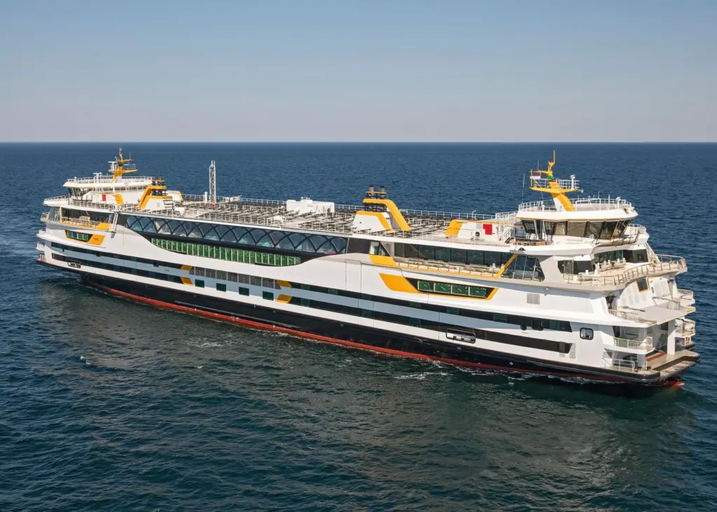 Medium-speed CNG/diesel engines and electricity generated from a 700m2 solar array power the newly delivered symmetrical ro-pax 'Texelstroom'