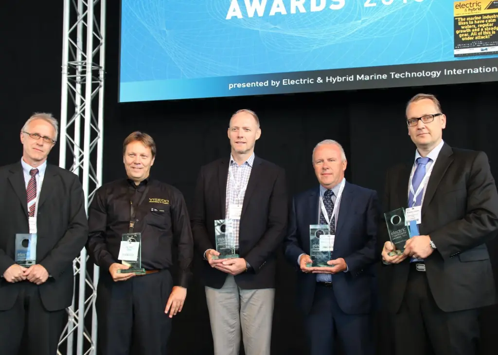 The five winners at this year's Electric & Hybrid Marine Awards (l-r):  Ingve Sørfonn, technical director, Wärtsilä, Pieter Dijkstra, director (marine segment), Visedo, Andrew Morden, CEO, Corvus, Jon Salton, fleet manager and project director, ...