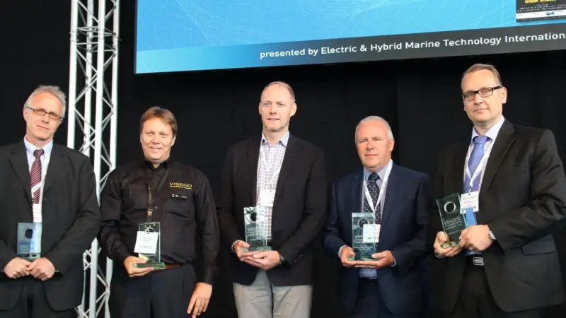 The five winners at this year's Electric & Hybrid Marine Awards (l-r):  Ingve Sørfonn, technical director, Wärtsilä, Pieter Dijkstra, director (marine segment), Visedo, Andrew Morden, CEO, Corvus, Jon Salton, fleet manager and project director, ...