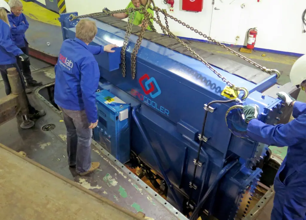 The compact 500kW cooling system on installation during a service docking for Eckero Line's 'Finlandia'