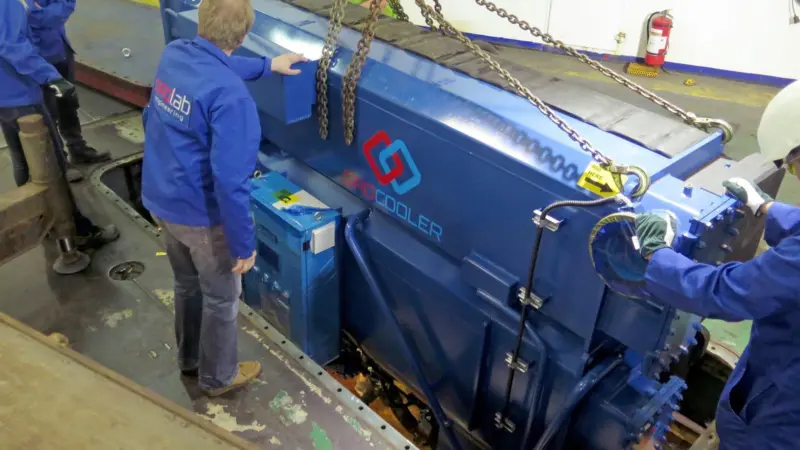 The compact 500kW cooling system on installation during a service docking for Eckero Line's 'Finlandia'