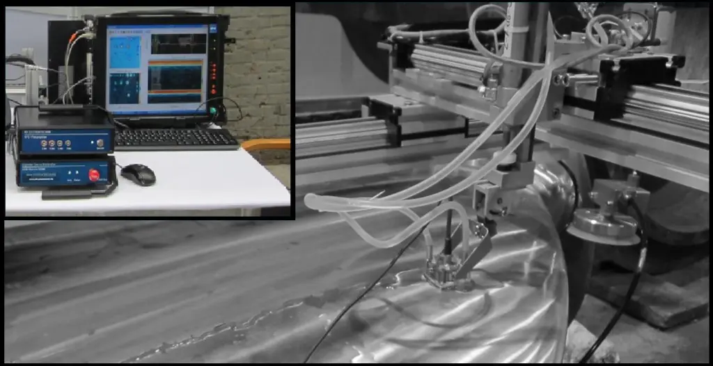 The automated ultrasonic system consists of a small lightweight measurement system which is used in conjunction with a mobile scanning device