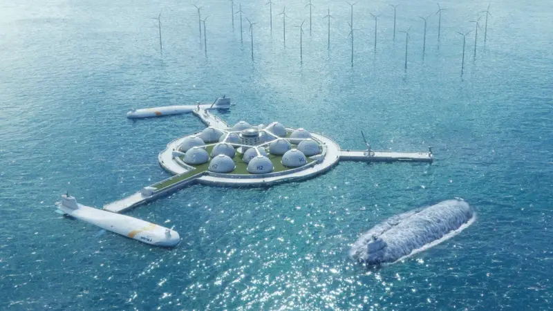 Artificial islands producing green energy from wind or solar sources would contribute to a reduced-emissions shipping sector