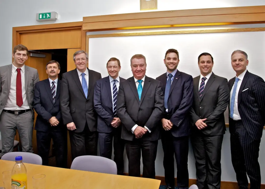 L-R: Michael Cobb (ExxonMobil), Andrew Scott (Babcock), Ian Lindsay (Babcock), Angus Campbell (BSM), Michael Morrison (Orkney), Gavin Barr (Orkney), Mark Gilks (Calor), Luca Volta (ExxonMobil). Picture: Colin Keldie