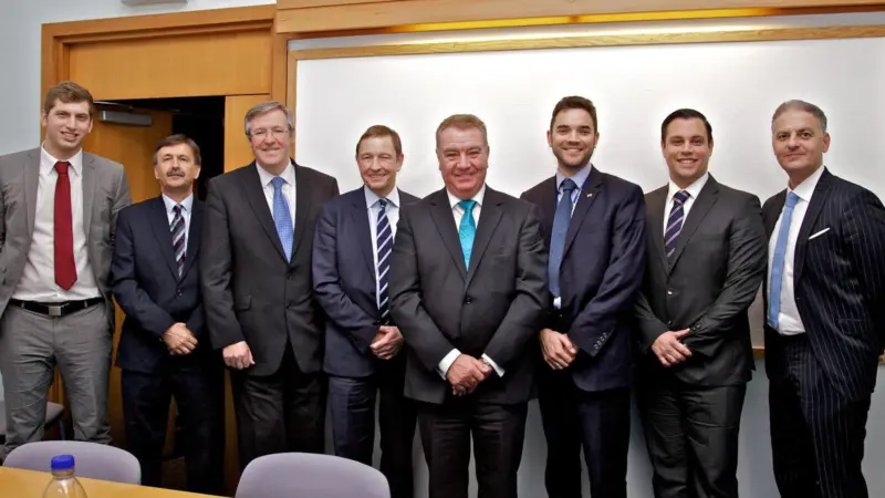 L-R: Michael Cobb (ExxonMobil), Andrew Scott (Babcock), Ian Lindsay (Babcock), Angus Campbell (BSM), Michael Morrison (Orkney), Gavin Barr (Orkney), Mark Gilks (Calor), Luca Volta (ExxonMobil). Picture: Colin Keldie