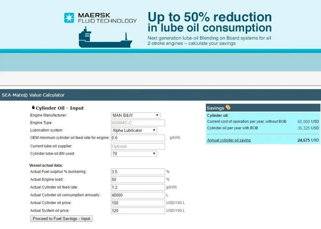Maersk Fluid Technology's calculator highlights potential savings from using its blend-on-board cylinder lubrication system