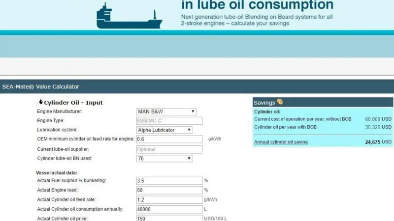 Maersk Fluid Technology's calculator highlights potential savings from using its blend-on-board cylinder lubrication system