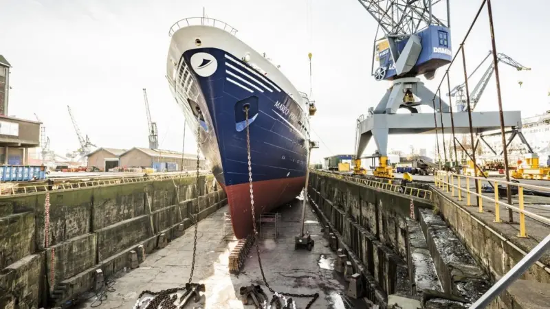 Work on 'Marco Polo' included replacement of the main engine jacket with a new jacket fabricated at Damen Shiprepair Amsterdam