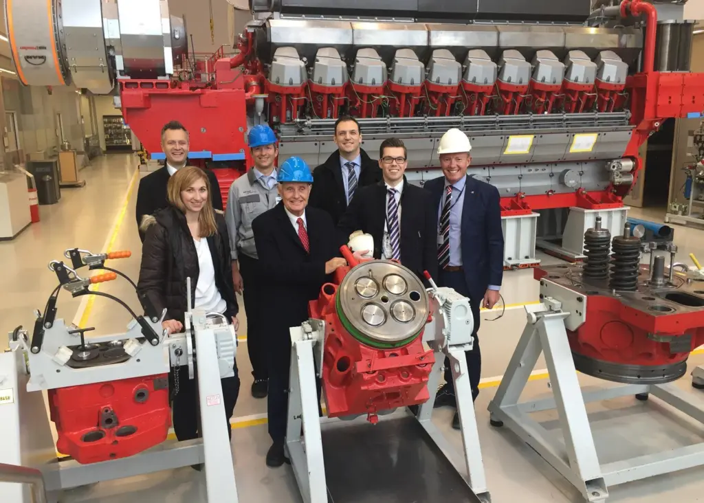 Stena CEO Dan Sten Olsson (centre) and Stena Line technical director Bjarne Koitrand (right) at MAN's PrimeServ facility in Augsburg