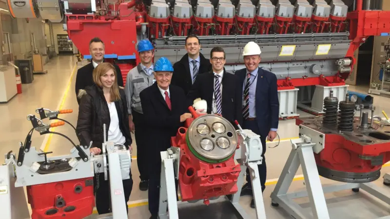 Stena CEO Dan Sten Olsson (centre) and Stena Line technical director Bjarne Koitrand (right) at MAN's PrimeServ facility in Augsburg
