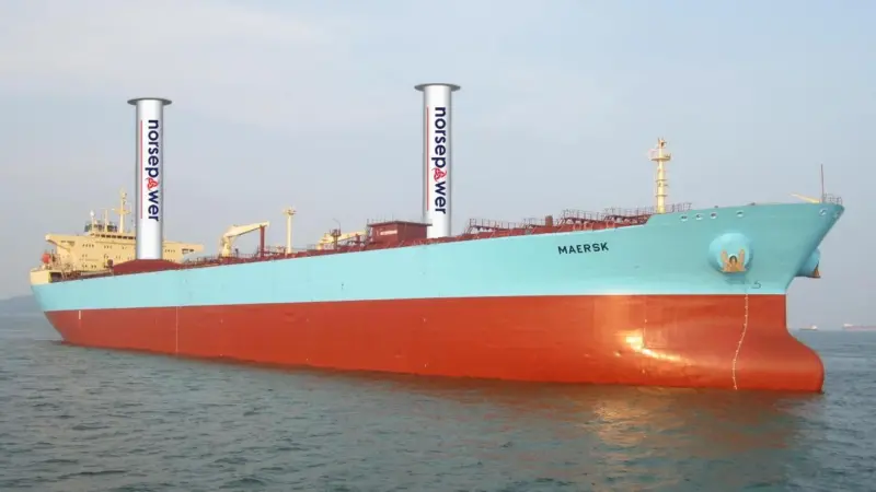 Illustration of a Maersk P-Class LR2 product tanker with two 30m x 5m Norsepower rotor sails