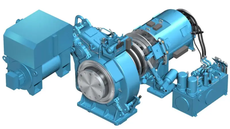 MARHY's key components: propeller shaft clutch (top right), tunnel gearbox (centre) and electrical package (left) governing electric propulion and PTO modes