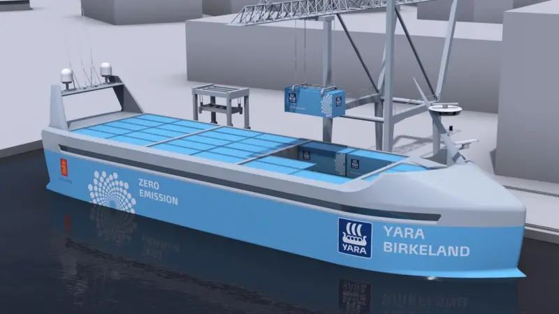 The Yara Birkeland is expected to be the first autonomous, all-electric container feeder and will begin plying the Norwegian coast late next year