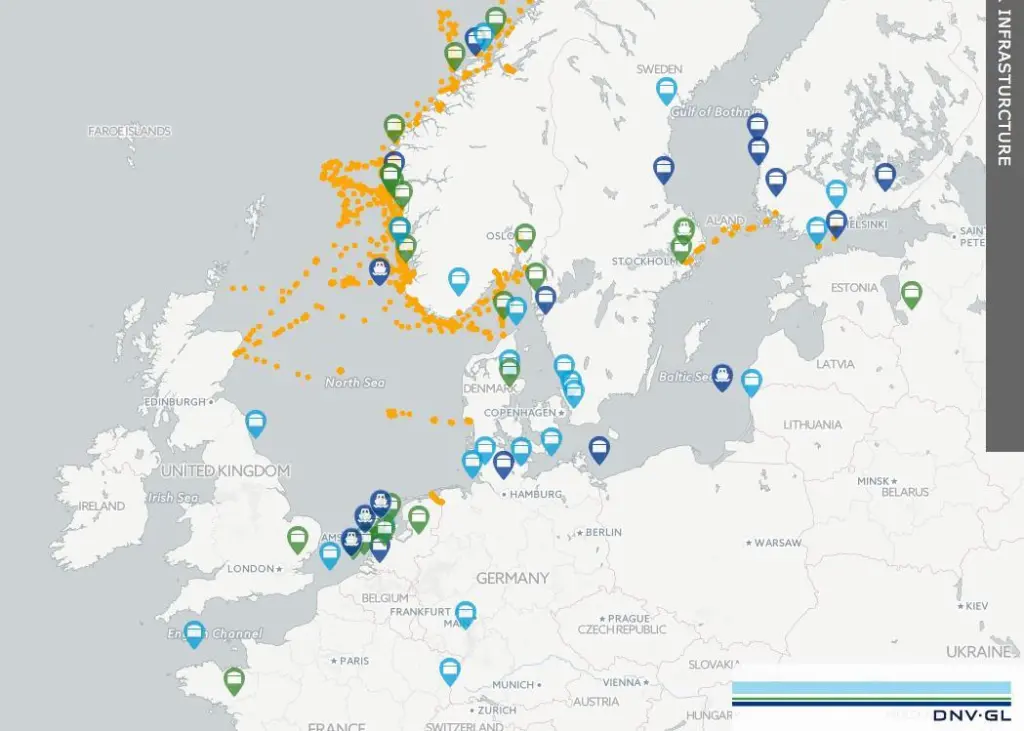 LNG bunkering map in Europe as displayed in the LNGi portal (image: DNV GL)