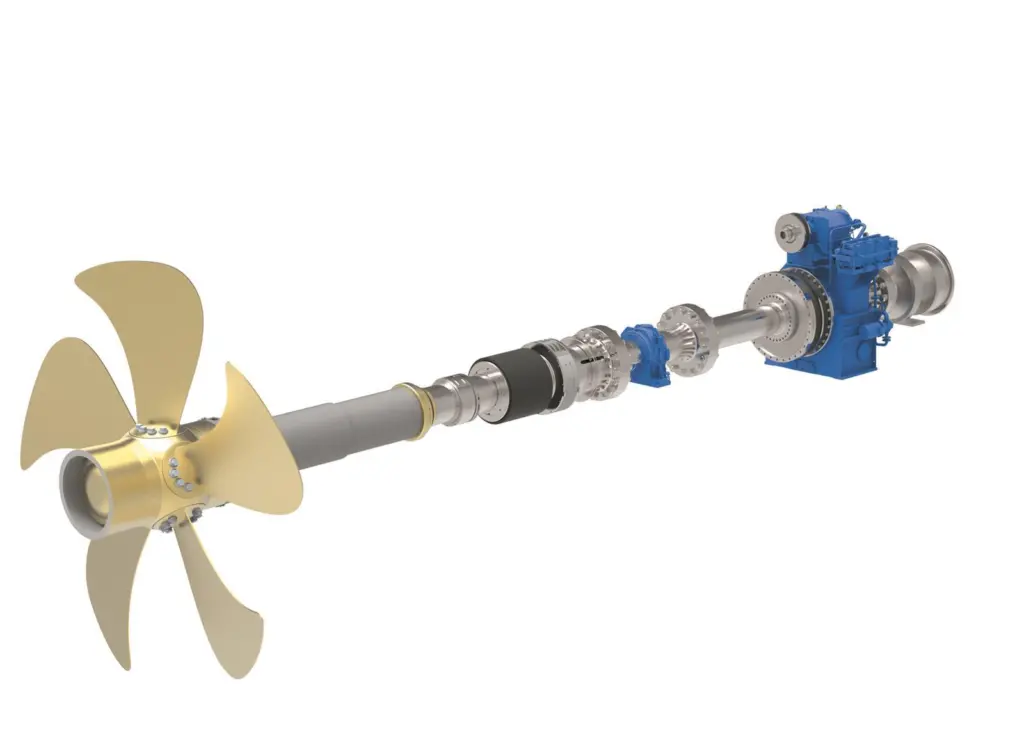 Propeller with fairing cone, stern tube and shaft system including clutch coupling for connection to main engine