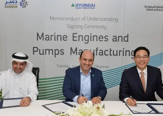Left to right: Rasheed Al Shubaili, CEO, Dussur; Zaid Murshed, vice president, new business development, Saudi Aramco; and Kidon Chang, CEO engine business, Hyundai Heavy Industries