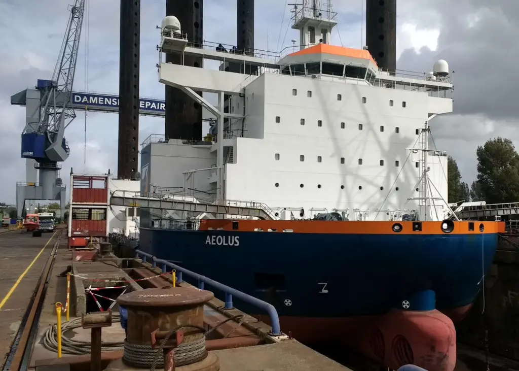 Van Oord offshore installation vessel 'Aeolus' in drydock at Damen Shiprepair Rotterdam