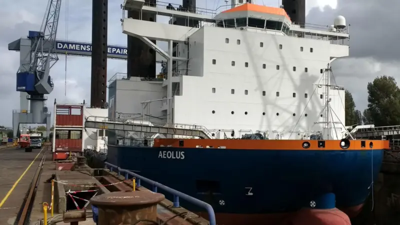 Van Oord offshore installation vessel 'Aeolus' in drydock at Damen Shiprepair Rotterdam