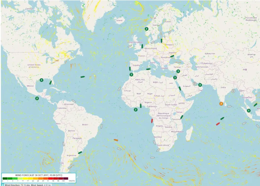 BMT Smart's fleet view, identifying two underperforming vessels (in red) allowing operators to target vessels that need attention