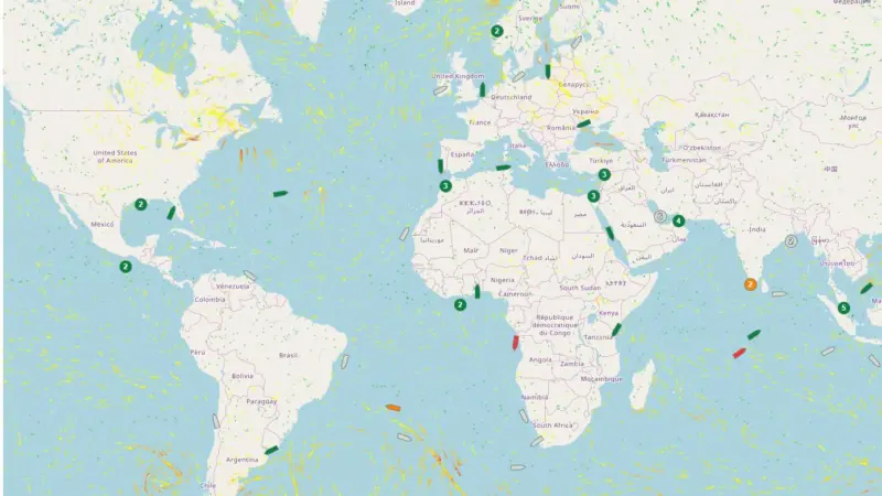 BMT Smart's fleet view, identifying two underperforming vessels (in red) allowing operators to target vessels that need attention