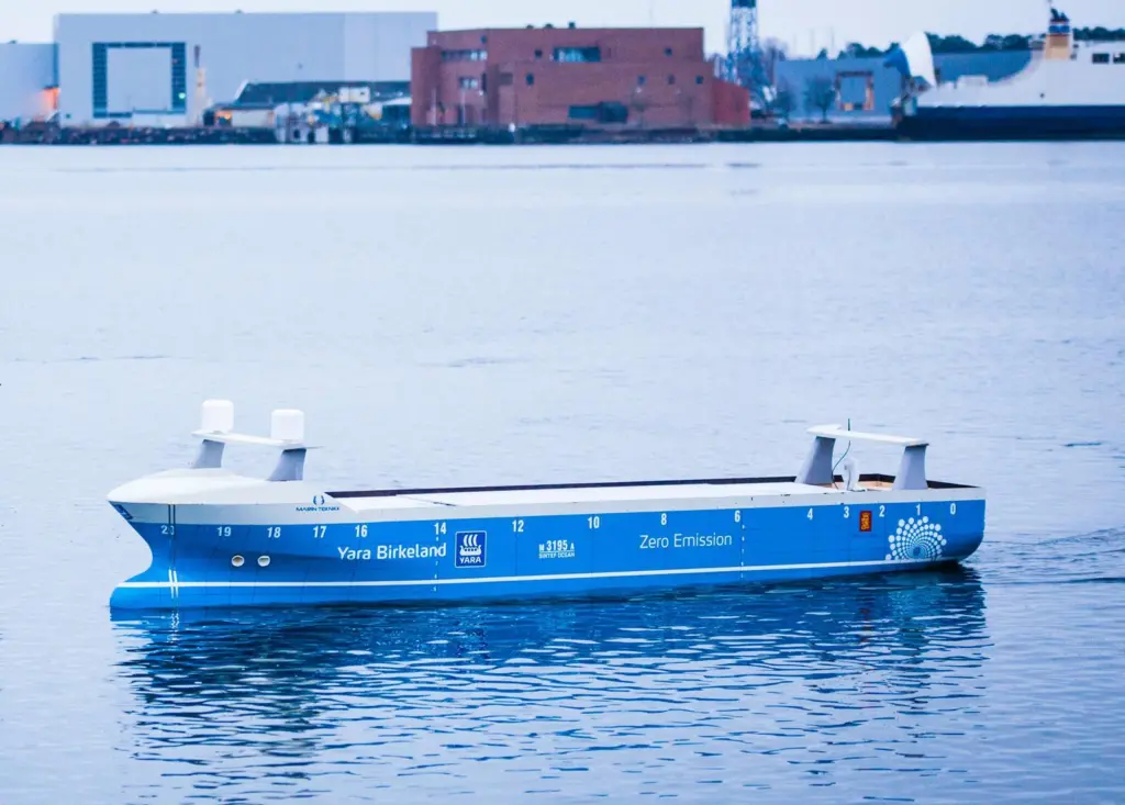 A model of the all-electric 'Yara Birkeland', which aims to become the world's first fully autonomous vessel, at the new test-bed site in Horten