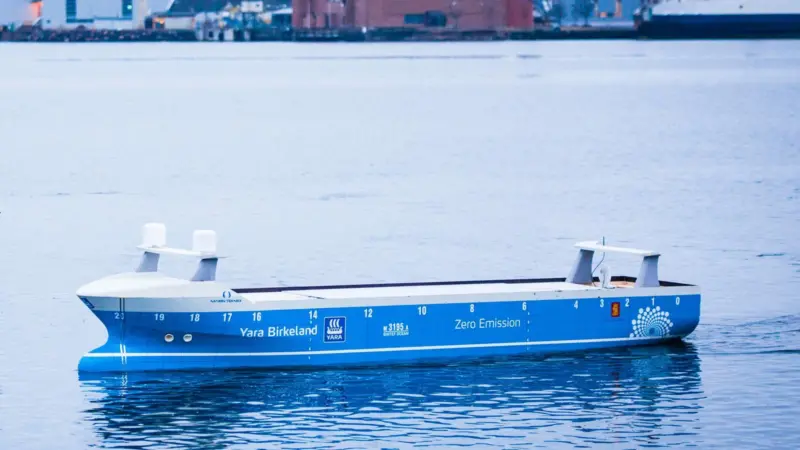 A model of the all-electric 'Yara Birkeland', which aims to become the world's first fully autonomous vessel, at the new test-bed site in Horten