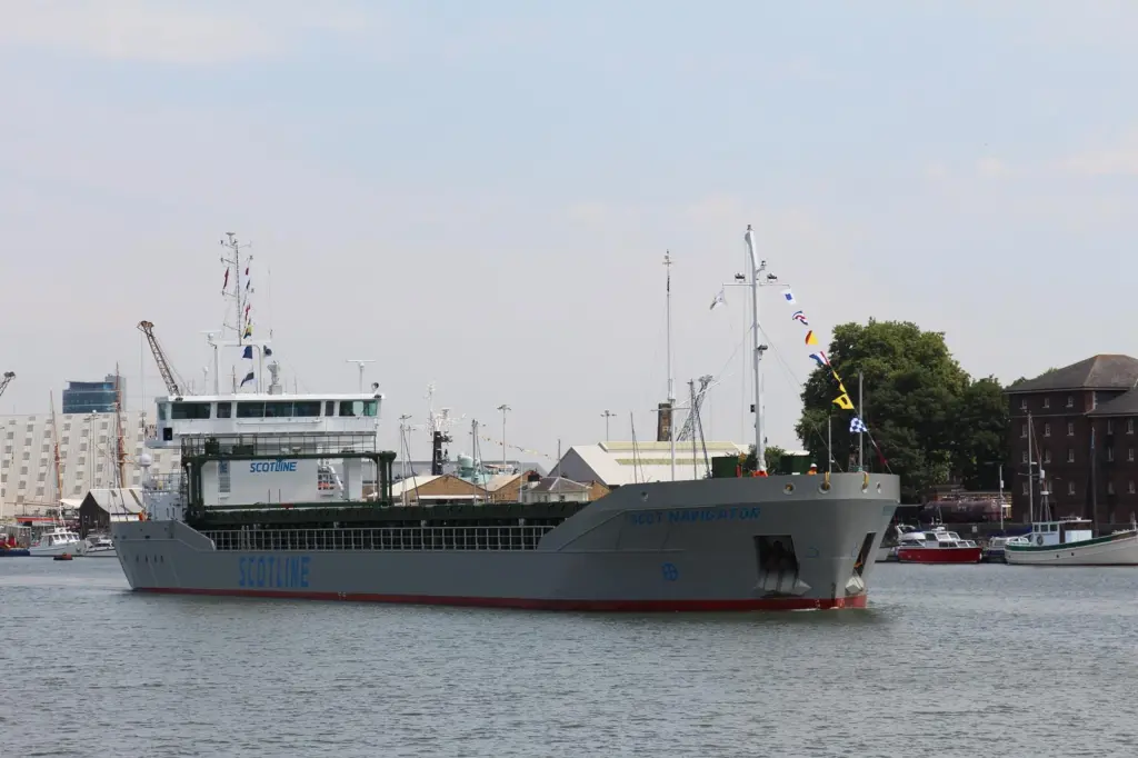 Scotline’s new 3,700dwt shortsea trader 'Scot Navigator' arriving at Rochester for christening (credit: Jon Millatt/Scotline)
