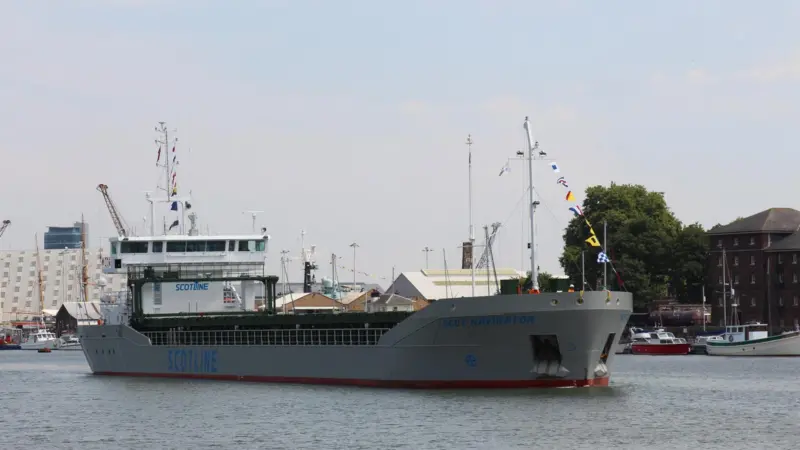 Scotline’s new 3,700dwt shortsea trader 'Scot Navigator' arriving at Rochester for christening (credit: Jon Millatt/Scotline)